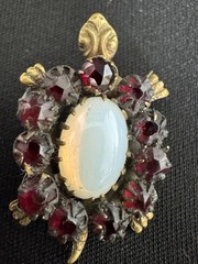 Antique Victorian Turtle Pin With Garnet Opaline Glass Gold Tone C Clasp 1” Cute
