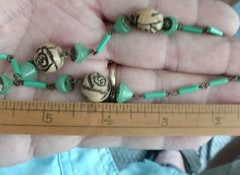 Antique Art Deco Czech Green And Tan Carved Glass Necklace 1920s