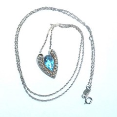 14K White Gold Blue Aquamarine Diamond Artistic Pendant Necklace, 18 Inch Chain
