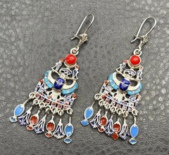 Sterling Silver Egyptian Revival Enamel Chandelier Earrings Scarab Hieroglyph