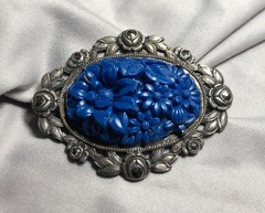 ANTIQUE Art Nouveau Floral Lapis Lazuli Opaline Glass Sterling Silver Pin Brooch