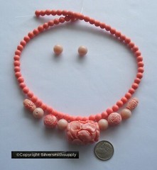 5 Carved Angel Skin Faux Coral Beads Huge 30x22mm Center 68pcs 6mm 16″ KIT012