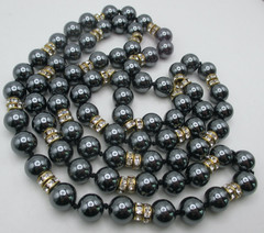 VTG Hematite Rhinestone Disk Beaded Hand Knotted Necklace 36″