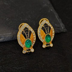 Vintage SAVAR.E Green Cabochon & Crystal Enamel Necklace & Earrings Set