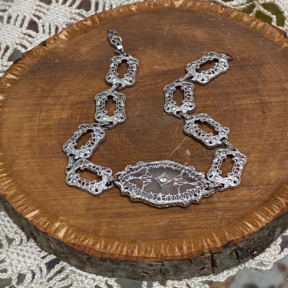 10K White Gold Camphor Glass Diamond Art Deco Filigree Bracelet 7.5″
