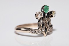 Antique Circa 1900s Ottoman 14k Gold Natural Rose Cut Diamond And Emerald Ring
