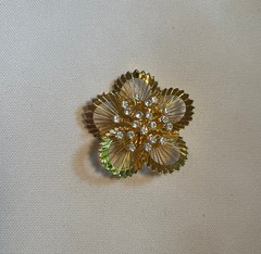 Gold tone Flashy Floral Pin With Multiple Simulated Diamonds