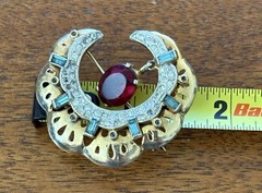 Mid Century Crescent Moon W/ Garnet & Aquamarine & Rhinestones, Gold Tone READ