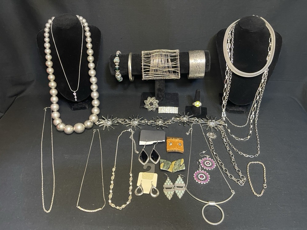 Vintage To Now Lot Silver tone Jewelry Necklace Bracelet Earrings Ring Belt