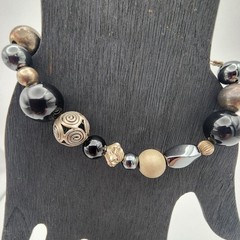 VTG 925 Silver Mixed Bead Hematite Onyx Bracelet 6.75″ Black Boho GUC