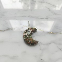 Unakite Pendant Necklace, Handmade Wire Wrapped Green Pink Stone Charm
