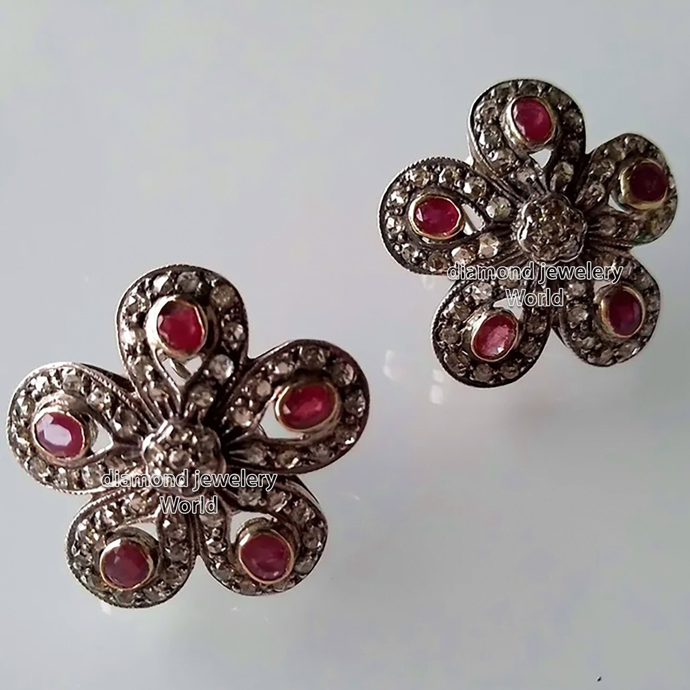 Vintage Style 1.83ctw Rose Cut Diamond Ruby Studded Silver Studs Earring Jewelry