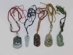 5 Chinese Carved Jade Pendants Pendant Lot – Goat, Sheep, Dragon, Fruit, Floral.