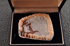 Large shell cameo carved “Girl with the bird” (total 108.5ct), sign by artist.
