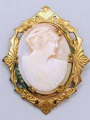 Vintage Brass And Shell Cameo Brooch With 4 Seed Pearls
