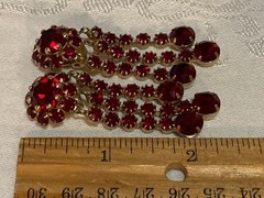 Vintage VOGUE Ruby Red Rhinestone 3 Strand Gold Tone Dangle Earrings Signed