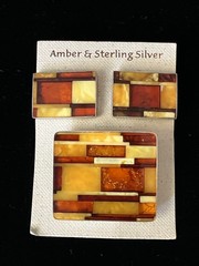 Vintage Baltic Amber Brooch Earring Clip On Set Mosaic Sterling Silver
