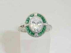 Art Deco Style Lab Created Diamond & Emerald Engagement 14K White Gold FN Ring