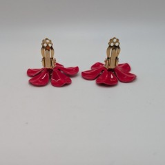 VTG Bright Red-Gold Metal Enamel Flower Power Brooch & Clip On Earring Set