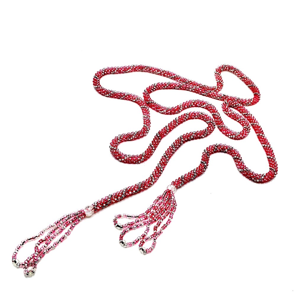 Antique Art Deco Pink Sautoir Necklace Tassel Glass Bead Flapper Iridescent