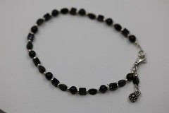 Black Onyx Beaded Gemstone Bracelet with Dangle Charm Sterling Silver