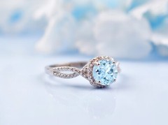 Round Cut Aquamarine Halo Engagement Ring Wedding Ring Anniversary Gift For Her