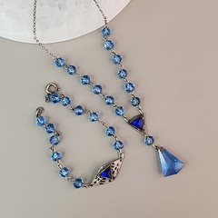 Vintage Art Deco Necklace Bracelet Set Blue Glass 16″