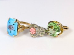 Vtg Victorian Revival Ring Lot Green Glass Blue Flower Enamel Adjustable
