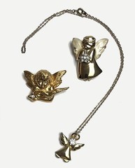 Vintage Angel Pins and Necklace LOT Gold Tone w/Faux Diamonds, costume Jewelry