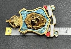 HUGE Accessocraft NYC 80s Vintage Leo Lion Shield Crown Brooch Gold Tone Enamel