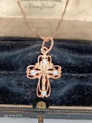 Vintage 1990-s 14 CT Rolled Gold Cross Pendant on Chain-Hallmarked 585 RG