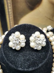 STUNNING 1950s Pearls & Rhinestone DROP Necklace & Clip Earring SET Estate WoW!
