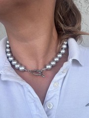 Minimalist Light Grey Glass Pearl Choker Stainless Toggle