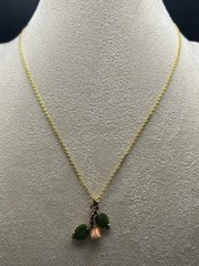 Vintage Japanese Carved Coral Rose Pendant Green Jade Leaves Gold Tone Charm