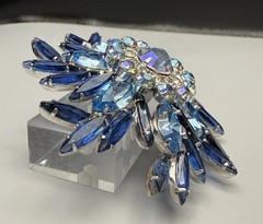Juliana D&E BOOK PIECE Brooch Multi Blue Navettes w/AB & Clear Rhinestones 2.6”