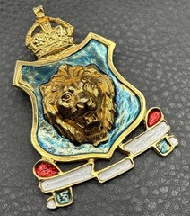 HUGE Accessocraft NYC 80s Vintage Leo Lion Shield Crown Brooch Gold Tone Enamel