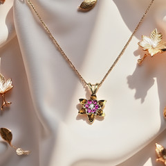 14K Solid Yellow White Gold Ruby Diamond Flower Pendant Necklace, Lab Ruby