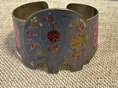 Vintage India Brass Enamel Painted Cuff Bracelet Elephant Floral Boho Blue VTG