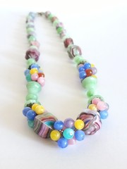 Vtg Antq Czech Glass Marbled Slag Melon Ball Tutti Frutti Bead Cluster Necklace
