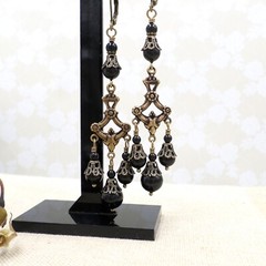 Victorian Mourning Earrings Jet Black Glass Bead Chandelier Filigree Handmade