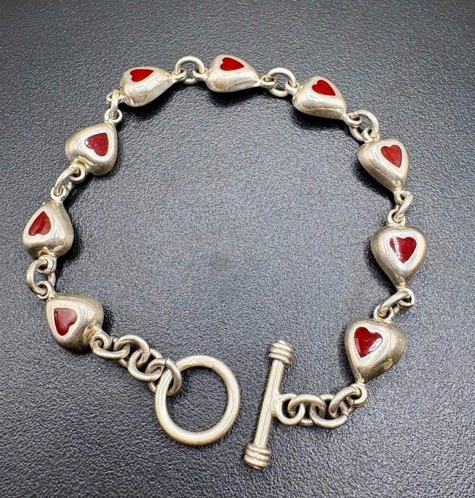Vintage Sterling Silver Red Enamel Heart Link Bracelet 7.5″ Toggle Clasp 925 15.