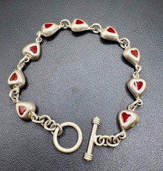 Vintage Sterling Silver Red Enamel Heart Link Bracelet 7.5″ Toggle Clasp 925 15.