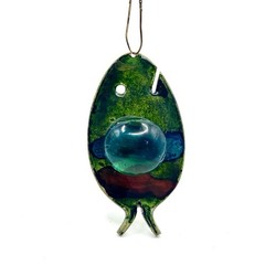 Vintage Modernist Fish Pendant Metal Enamel Art Glass Reversible Charm