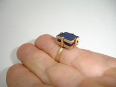 14K Gold Lapis Lazuli Signet Statement Ring Mid Century Deco two-tiered square 7