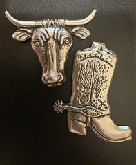 LOT Silvertone Vintage Japan Metal Tin Longhorn Bull & Cowboy Boot Brooch Pins