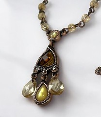 1928 BRAND Amber Glass Pendant Necklace Bracelet Set Faux Pearl Rhinestones VTG