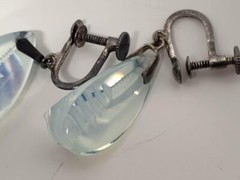 Japan Blue Intaglio Pagoda Opaline Glass Sterling Silver Pendant+Screw Earrings