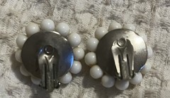 Vintage Costume Jewelry Set Bracelet Clip On Earrings White Beaded Japan Retro