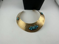 Vtg 1976 Torque Necklace One Owner Hammered BrassT Blue Clusters Approx 15”