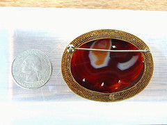 Antique Chinese Export Gilt Silver Carved Carnelian Flower Filigree Pin Brooch